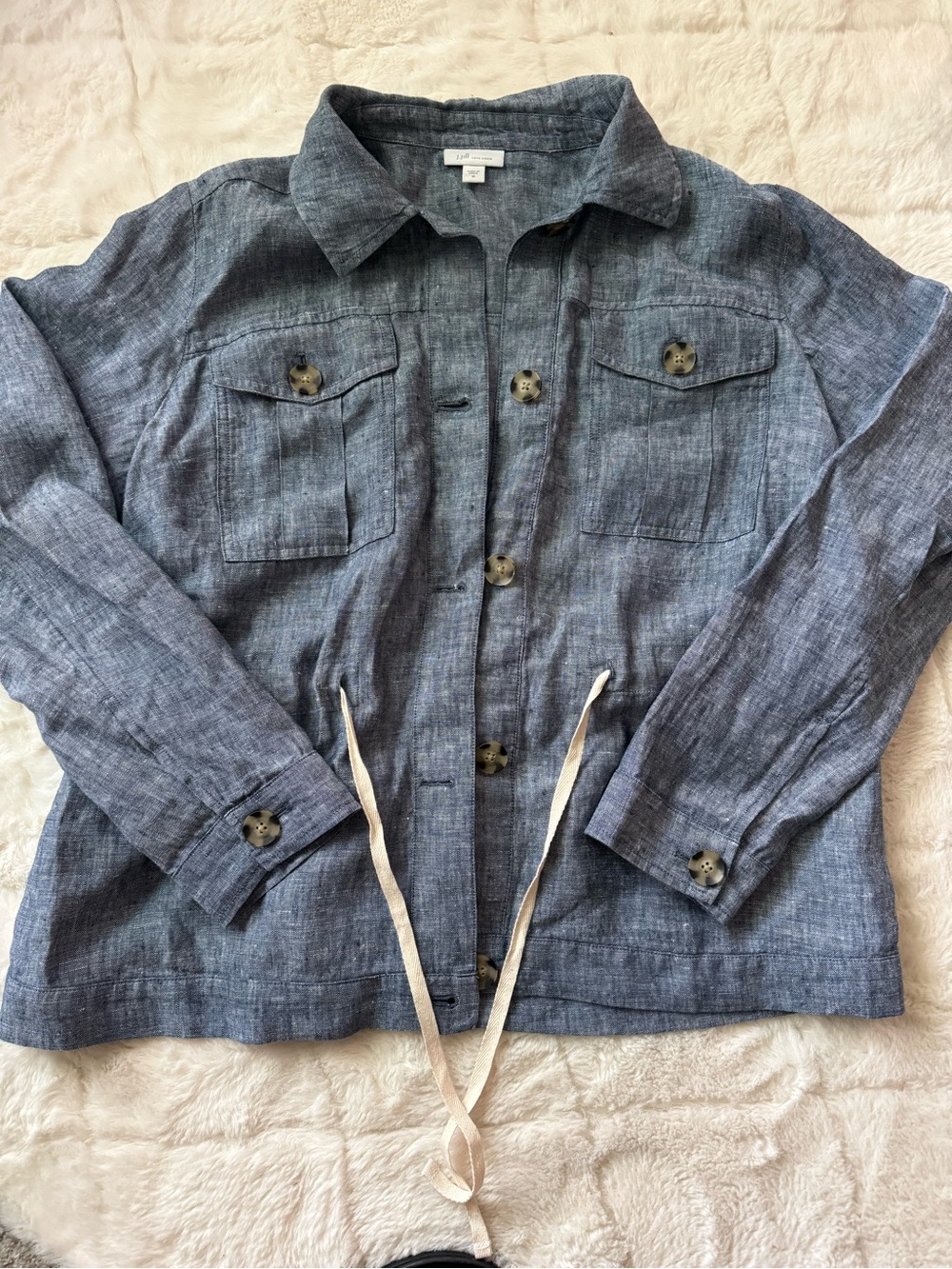 LIKE NEW! J Jill Love Linen blue chambray button down shirt drawstring jacket M